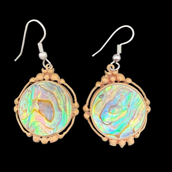 Charles Albert Jewelry - Vintage Silver Gold-tone Alchemia Abalone Shell Drop Earrings Iridescent Green